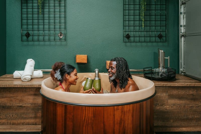 Couple in beer bath at Oakwell Beer Spa