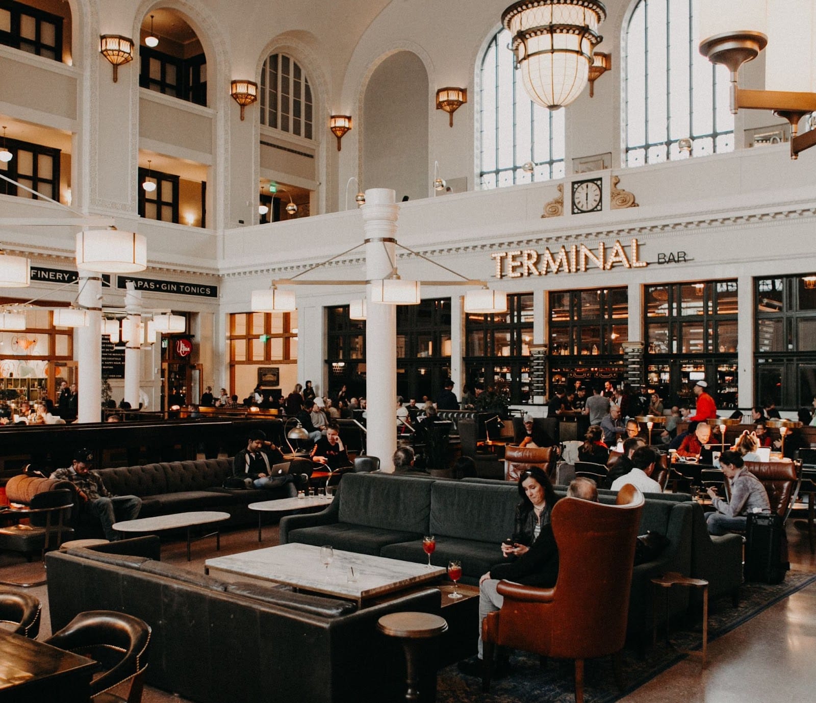 Seating and people inside at Denver Union Station