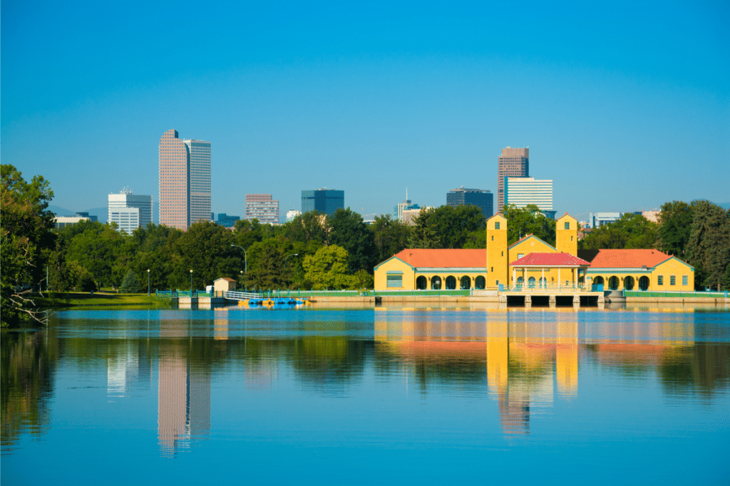 City Park, Denver view of Ferril Lake with skyline in background