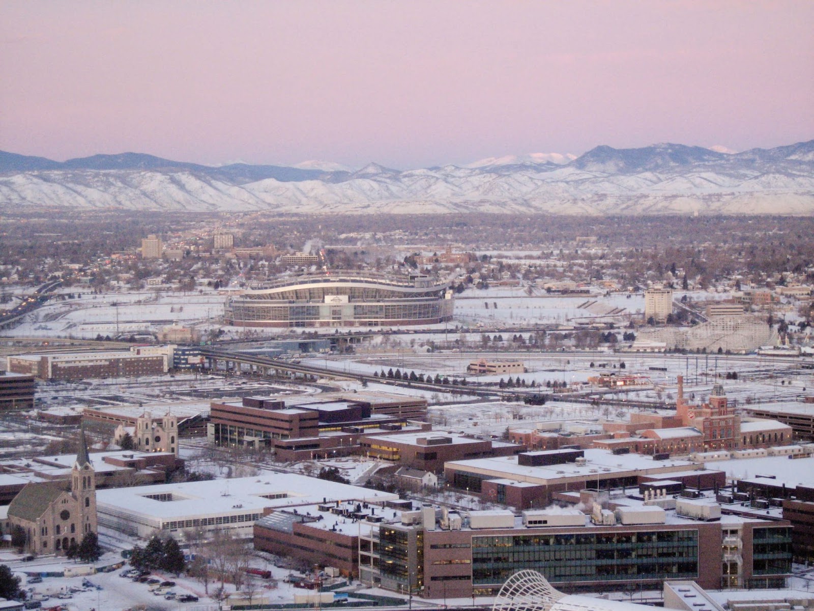 City and snowy mountain scenery around Denver, Colorado