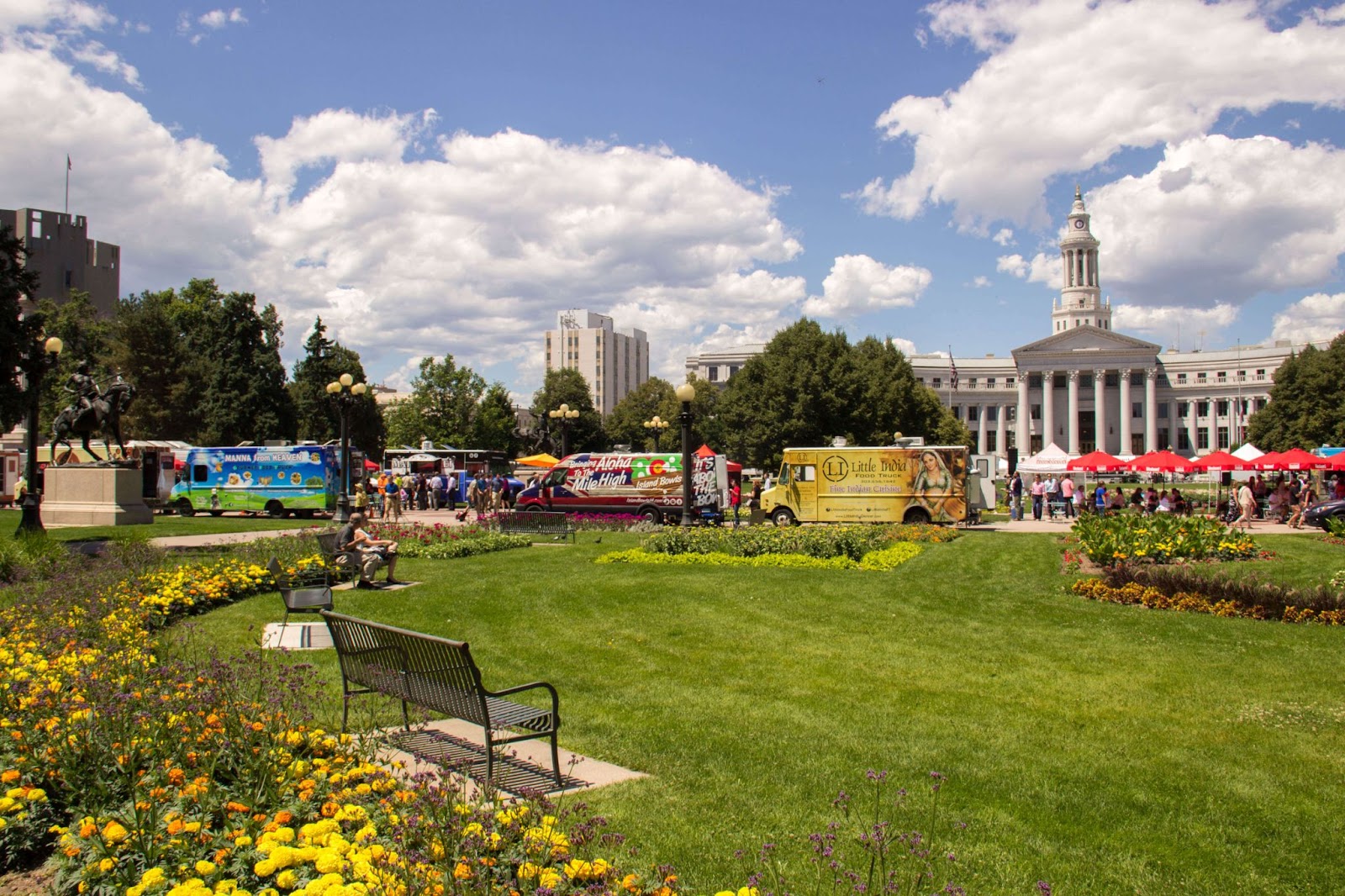 Civic Center Park in Denver set up with food trucks for Civic Center EATS in June