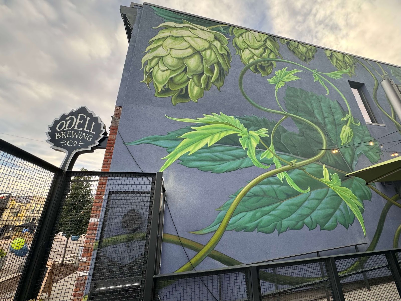 RiNo Odell Brewing Co. side of building with painted hops 