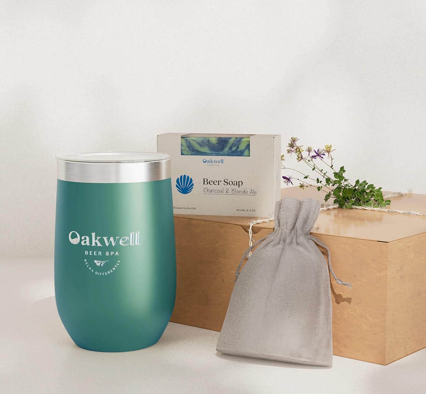 Oakwell Cosmetics Full Pour Beer Therapy Gift Box with tumbler, soap bar, and herbal beer bath tea